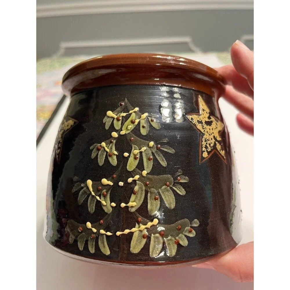Eldreth Pottery Redware Crock Hand Painted Christmas Tree Stars Signed Folk Art